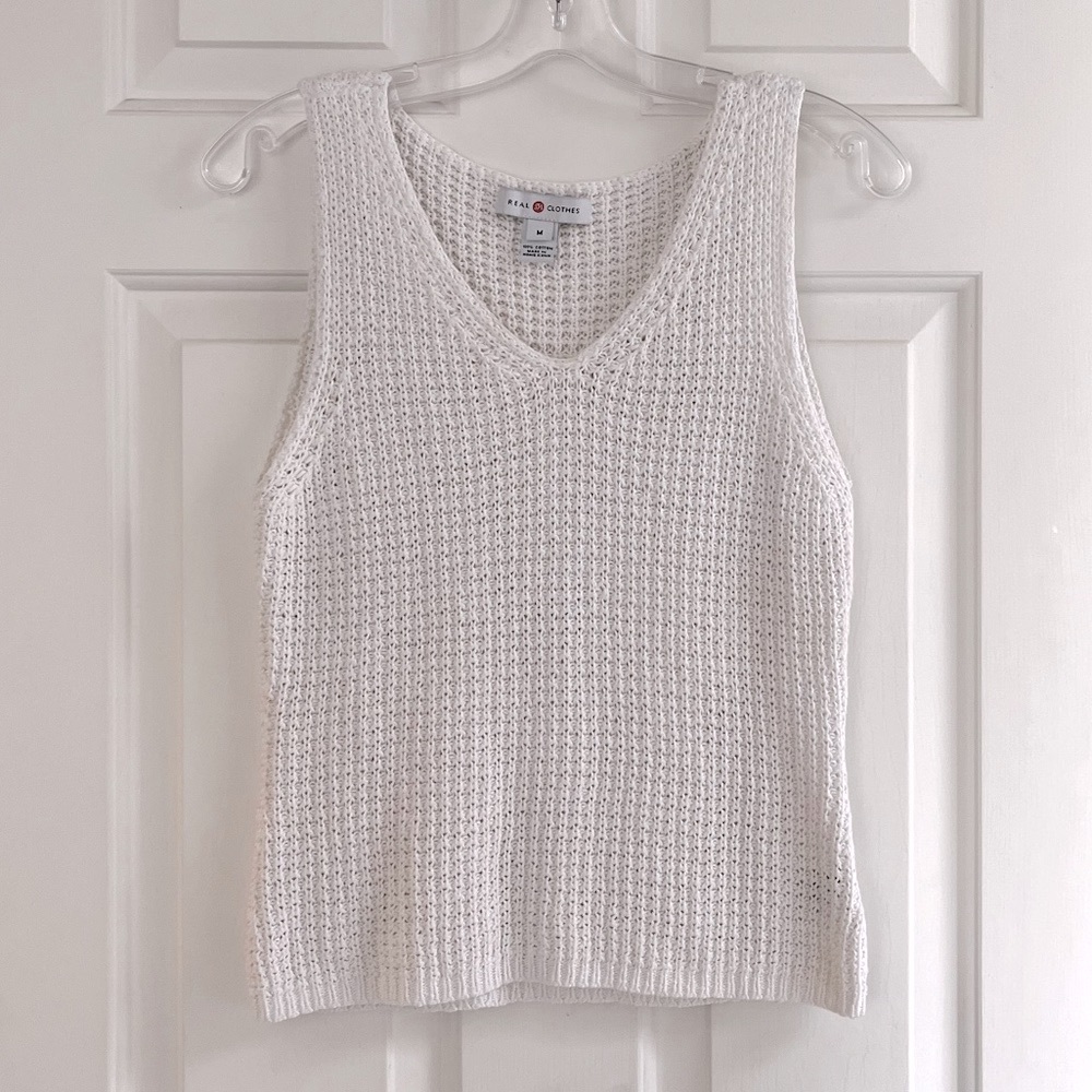 Vintage Real Clothes Sleeveless V-Neck White Cotton Knit Tank Top